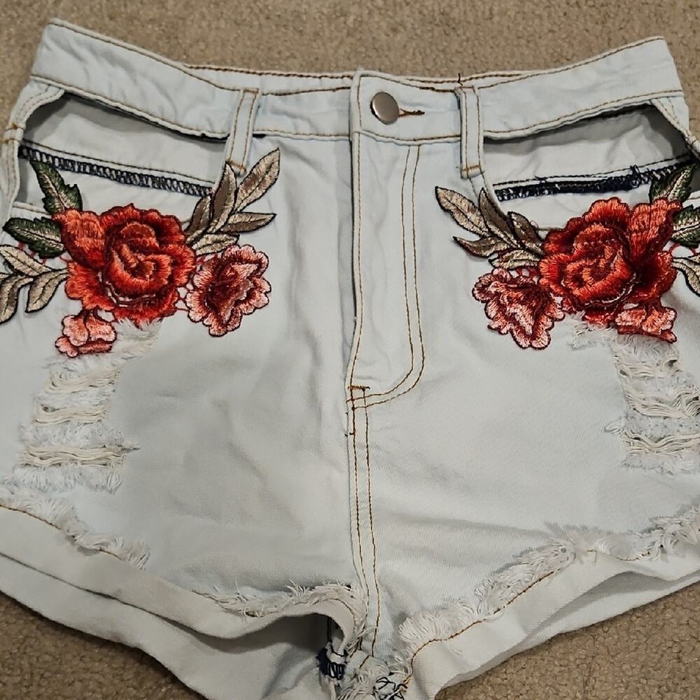 The Kript Embroidered Denim Shorts – Floral Cut-Out, Small - Picture 2 of 6